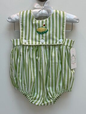 Green Striped Baby Bubble Romper with Embroidered Cake